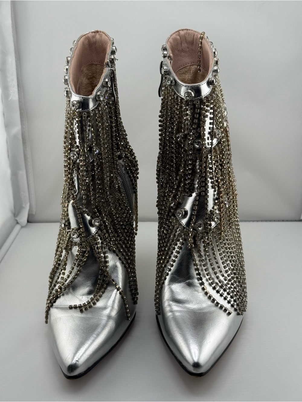 Silver Embellished Pointed-Toe Ankle Boots